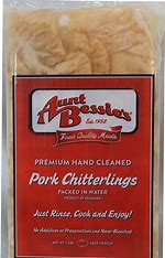 Aunt Bessie's Premium Pork Chitterlings are a delicacy made from the small intestine of pork. Chitterlings are a staple of American Southern cuisine and other types of regional cuisines. Aunt Bessie's hand-cleaned chitterlings are sanitary and prepared according to strict standards. No additives or preservatives and never bleached. It is ready to cook right out of the package: simply rinse, season, heat, and serve. They're ideal for deep frying in seasoned batter or pan frying to your liking. They taste del