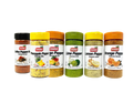 Six spice bottles from the brand badia, arranged vertically in a fan shape on a plain white background. The bottles contain various ground spices in different colors (orange, yellow, green, brown) and feature labels for Orange Pepper, Lemon Pepper, Lime Pepper, Pineapple Pepper, and Hot Pepper.