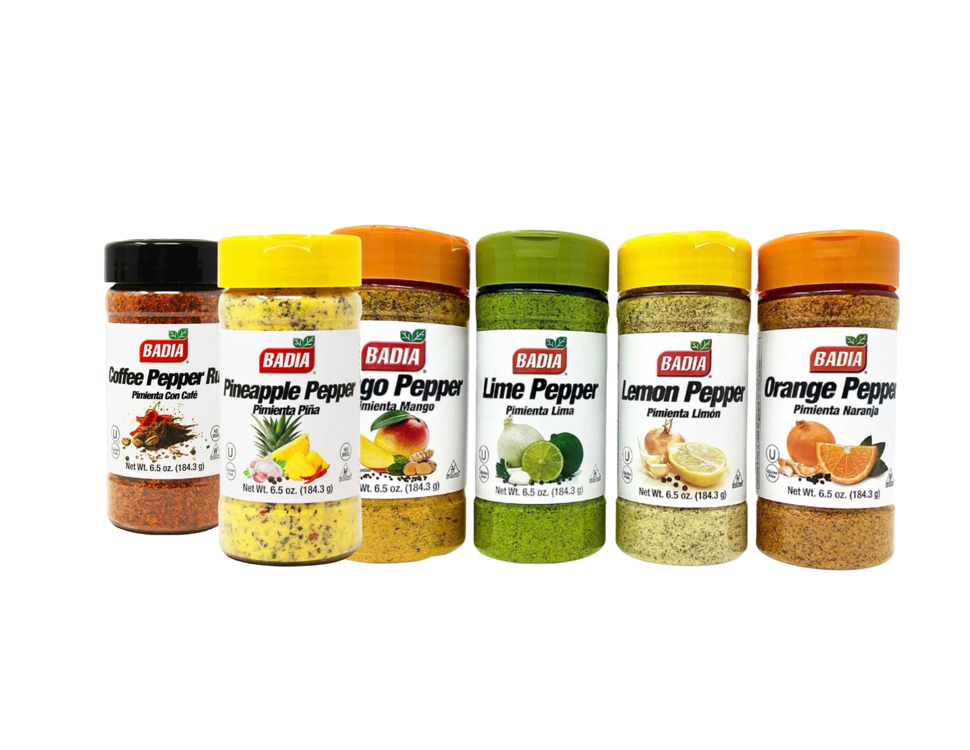 Six spice bottles from the brand badia, arranged vertically in a fan shape on a plain white background. The bottles contain various ground spices in different colors (orange, yellow, green, brown) and feature labels for Orange Pepper, Lemon Pepper, Lime Pepper, Pineapple Pepper, and Hot Pepper.