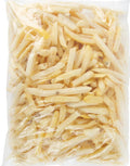 Clear plastic bag filled with yellowish-white sliced potatoes frozen in a white backgroud