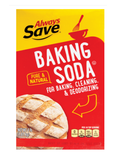 A 4 lb package of Always Save Baking Soda, featuring a bright red and yellow design with an image of a baked loaf of bread.