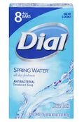 A box of Dial Spring Water antibacterial deodorant soap, 8-count pack, featuring a blue and white design with water splash graphics.