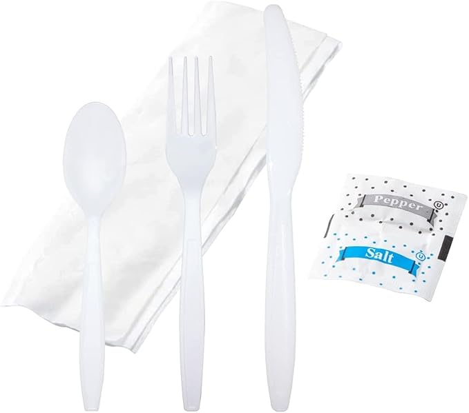 BULK HEAVY WEIGHT Cutlery Set. Each pack includes a knife, fork, spoon, and napkin, all individually wrapped for easy and hygienic use. Made with superior quality plastic, this set is perfect for on-the-go meals, whether you're at a ball game or on an airplane.