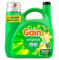 A green plastic bottle of Gain Original laundry detergent with a clear top and cap, featuring the yellow and red Gain logo and a floral graphic, on a plain white background.