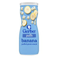 A light blue canister of Gerber Puffs Banana puffed grain snack, featuring illustrations of banana slices and star-shaped puffs on a white background.