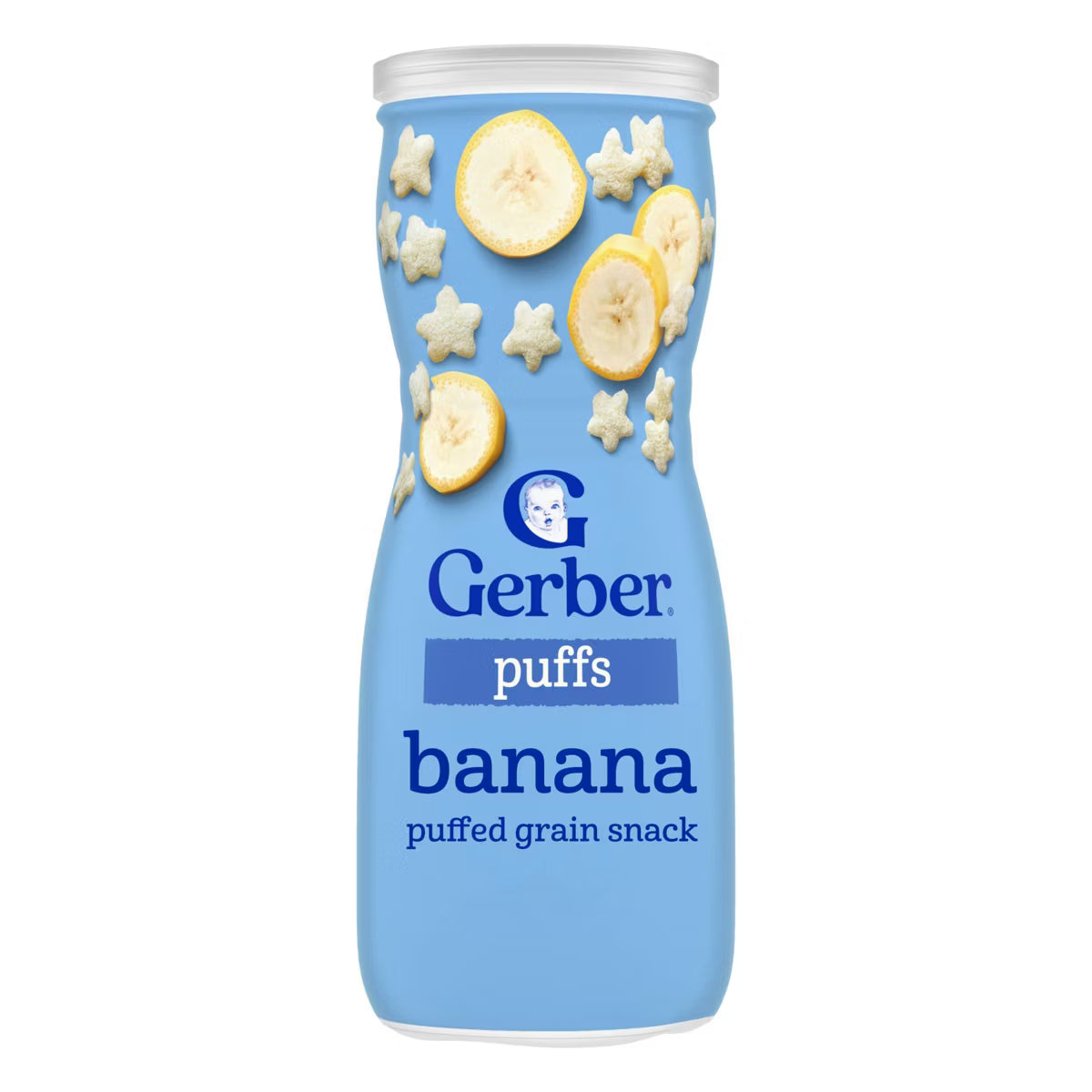 A light blue canister of Gerber Puffs Banana puffed grain snack, featuring illustrations of banana slices and star-shaped puffs on a white background.