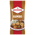 A 5 oz bag of Louisiana Fish Fry Products Cajun Gumbo Base fish fry seasoning, featuring a brown and red package design with a photo of shrimp, rice, and gumbo on the front.