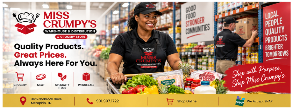 A promotional storefront banner for Miss Crumpy's Warehouse & Distribution, featuring a smiling woman in a black uniform and cap pushing a produce cart in a grocery store aisle. The banner includes the company logo, slogan 'Quality Products.