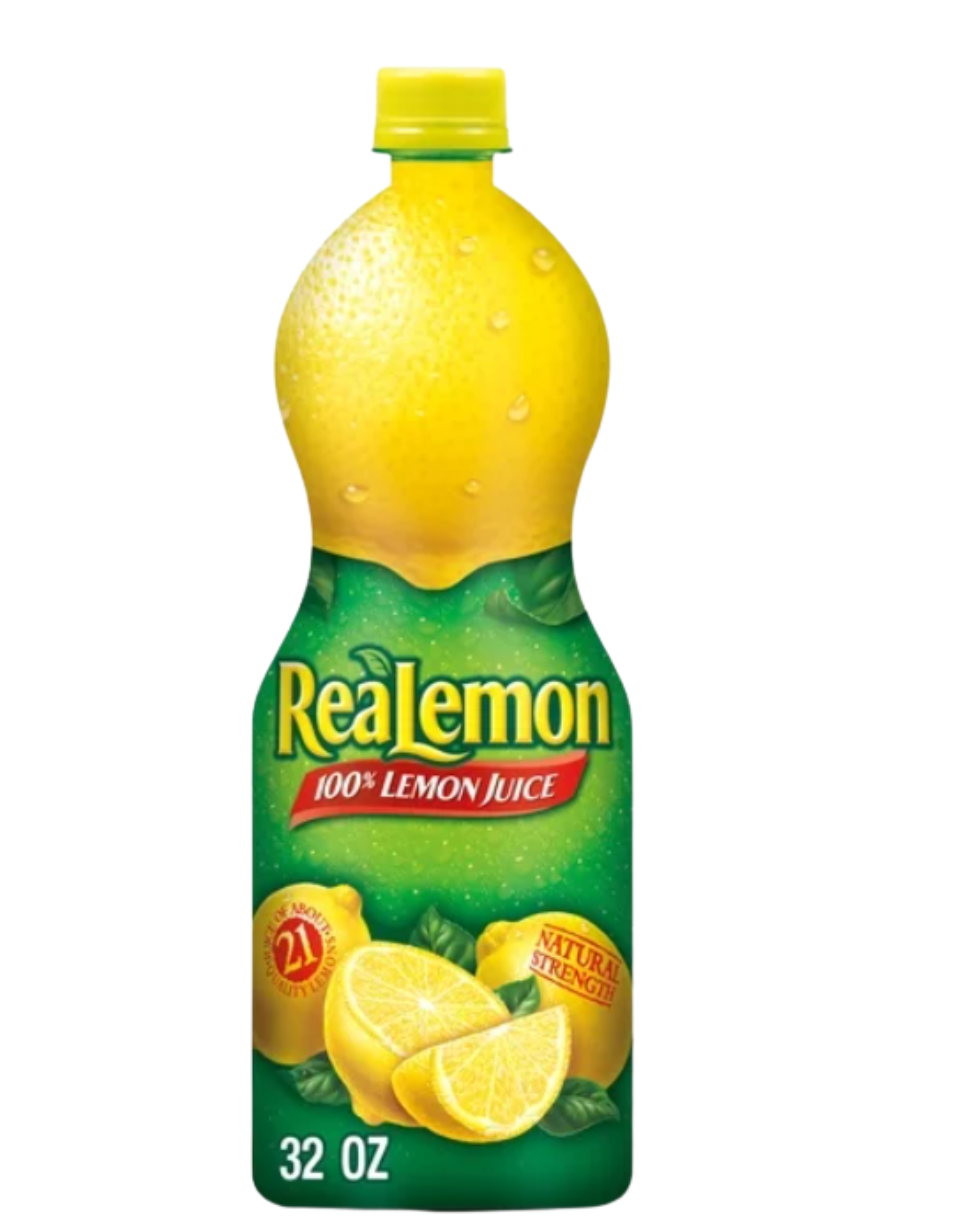 A 32 oz bottle of ReaLemon 100% Lemon Juice on a plain white background. The bottle is bright yellow with a green label featuring lemon and mint illustrations.