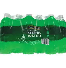 A six-pack of Molletta brand spring water bottles in a clear plastic clamshell package, showing bright green liquid inside.
